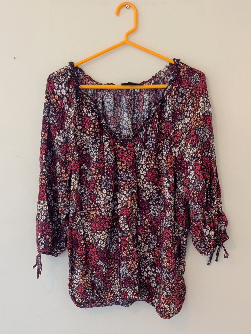 Lane Bryant Floral Tie-Sleeve Peasant Blouse - Black, Pink & Cream